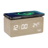 TNB LED alarm clock with wood finish and induction charger