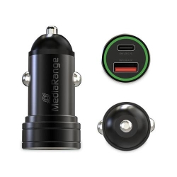 MediaRange 30W In-car charger with 1x USB-A and1x USB-C® port, black aluminium housing
