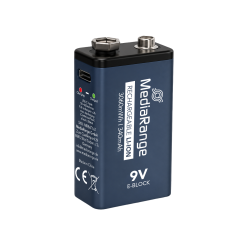MediaRange Rechargeable USB-C Li-Ion Batteries, E-Block I 9V I 3060mWh I 340mAh, 2-Pack