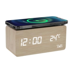 TNB LED alarm clock with wood finish and induction charger