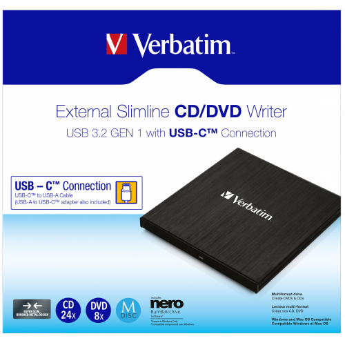 Verbatim EXTERNAL SLIMLINE CD/DVD WRITER USB 3.2 Gen 1/ USB-C
